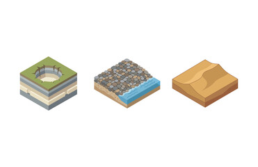 Obraz premium Set of Isometric Land Sections Featuring Geological Layers Water Coastline and Desert Sand Terrain