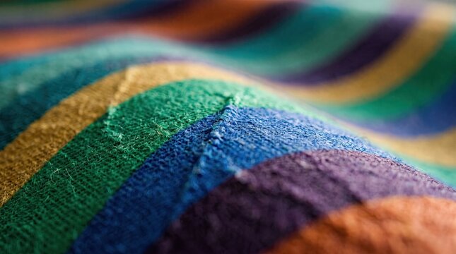 Close up macro shot of a soft colorful striped fabric with vibrant rainbow colors and textured pattern