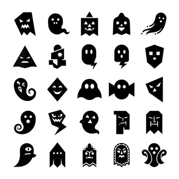 Set of twenty-five unique black silhouette icons representing ghosts and spirits