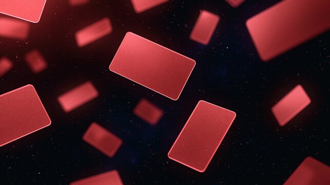 Abstract Red Rectangles Floating in Dark Space with Subtle Lighting and Bokeh Effects