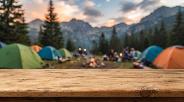 Wooden table background of free space for your decoration and blurred background of camping in mountains. copy space product
