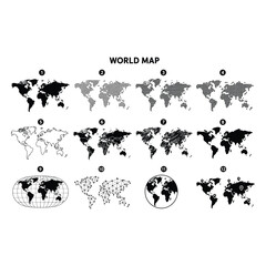 Collection of stylized world maps in various graphic styles for global connection and travel themes. © Moon