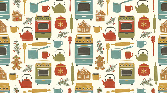 Retro Christmas kitchen seamless pattern with vintage cookware. Retro Christmas kitchen seamless pattern featuring vintage stoves, kettles, cookware, mugs, rolling pins, gingerbread houses, cookies an