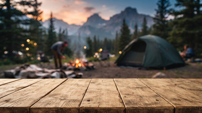 Wooden table background of free space for your decoration and blurred background of camping in mountains. copy space product