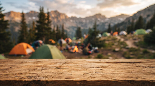 Wooden table background of free space for your decoration and blurred background of camping in mountains. copy space product