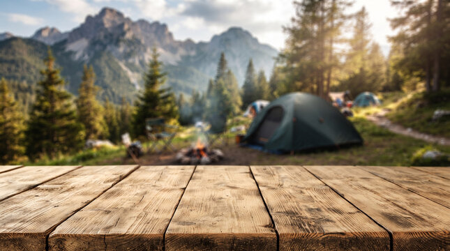 Wooden table background of free space for your decoration and blurred background of camping in mountains. copy space product