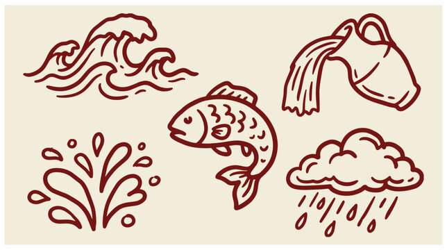 Assorted hand drawn weather and aquatic life water themed icons with fish icon water splash ocean wave rain cloud water pitcher black and white water element weather symbols artistic
