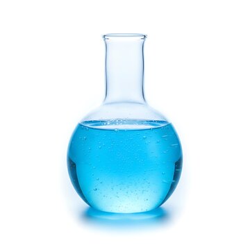 Blue liquid in a round glass flask isolated on a white background