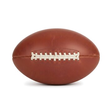 Object is isolated on a white background showing a brown football with white laces