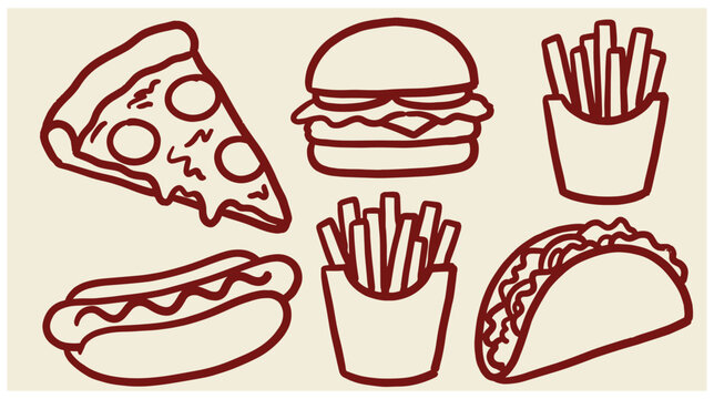 Set of fast food hand drawn icons including pizza slice hamburger french fries hot dog and taco with junk food snack illustrations meal collection brown outline restaurant menu potatoes
