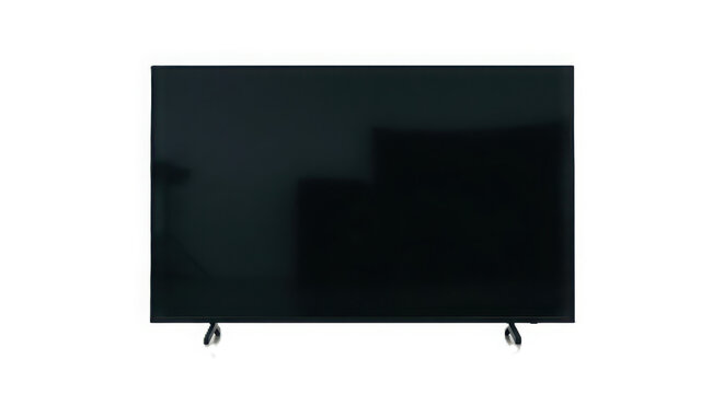 Smart television screen with modern black frame stands isolated on a plain transparent white studio background
