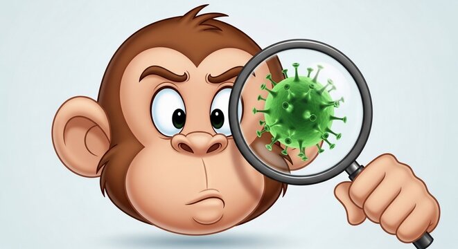Curious primate confronts microscopic invader in vibrant cartoon style.