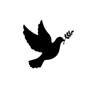Black dove of peace silhouette with olive branch element for religious design concepts.