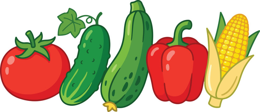 Collection of vibrant cartoon vegetables including tomato cucumber zucchini bell pepper and corn on the cob