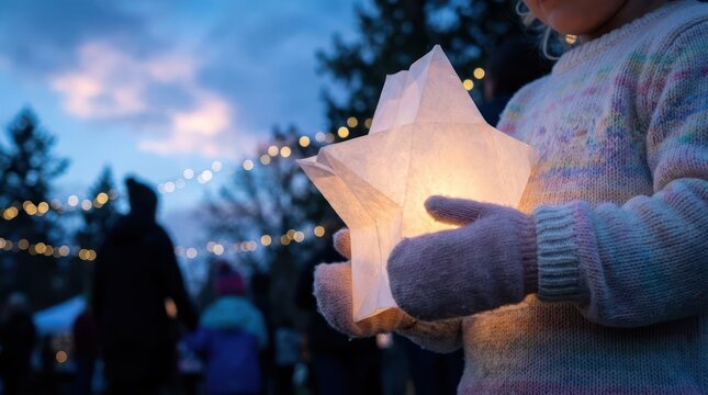 Child holding glowing star lantern outdoors at night.