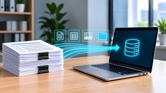 Document Management System Concept with Stack of Paper Files Transferring Digital Data Icons to Laptop Database