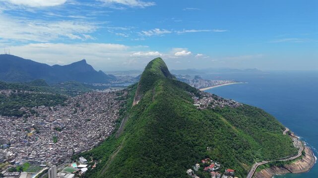 Aerial view of Two Brothers mountain and Rocinha favela in Rio de Janeiro Brazil.