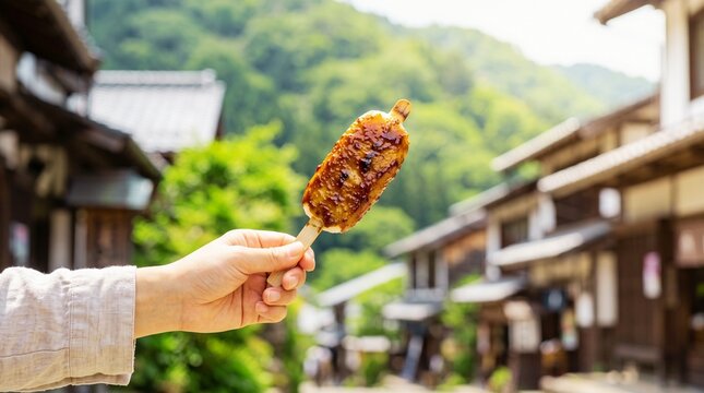 古い街並みで食べる焼きたての香ばしい五平餅の手元ショット