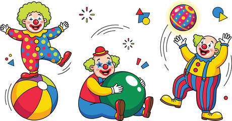 Fototapeta premium Colorful Circus Clown Character Set Performing on Balls, Playing with Props and Entertaining Audience in Festive Carnival Style