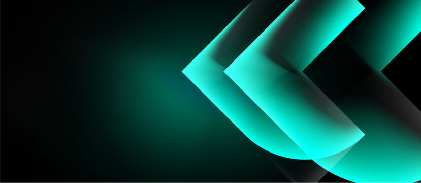 Abstract teal shapes overlap dark background. Modern design evokes movement, depth, technology. Minimalist aesthetic creates sleek visual impact.