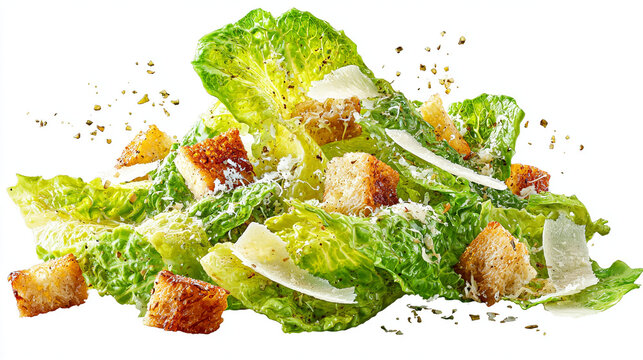 Fresh caesar salad with romaine lettuce croutons and shaved parmesan cheese on white background.