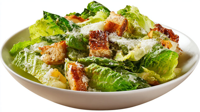 Bowl of fresh caesar salad with crisp romaine lettuce crunchy croutons parmesan cheese, croutons.
