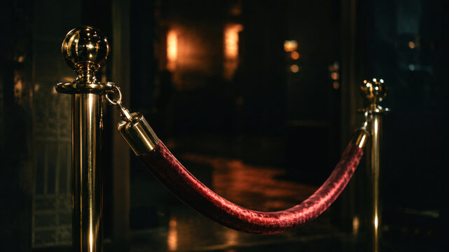Red velvet rope barrier with polished brass posts at the entrance of a dark upscale venue
