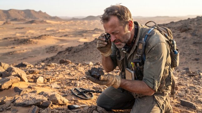 Archaeologist deciphering ancient relics in hot arid desert, male researcher examining historical stone artifact, explorer discovering cultural heritage