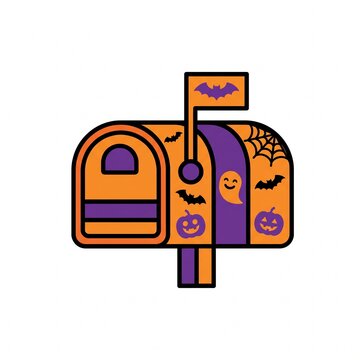 Spooky orange and purple Halloween mailbox vector icon decorated with bats, pumpkins, ghosts, and spider webs on a clean white background.