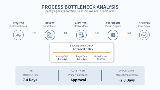 Business process bottleneck analysis infographic showing workflow stages from request to delivery with key metrics on approval delays and potential improvements