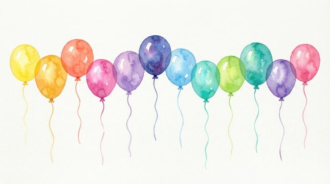 Watercolor painting of a row of colorful balloons with strings isolated on white background