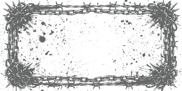 Grunge black barbed wire and iron chains rectangular border frame with ink splatters vector illustration.