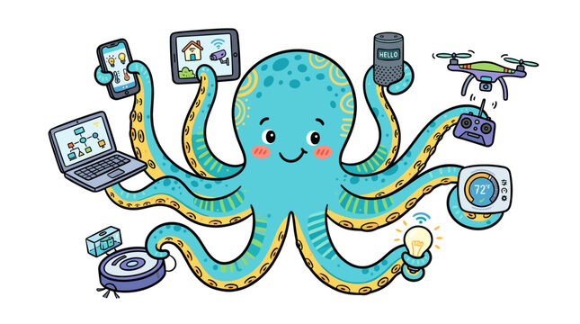 A friendly blue octopus holding various modern smart home devices, gadgets, and electronics in tentacles