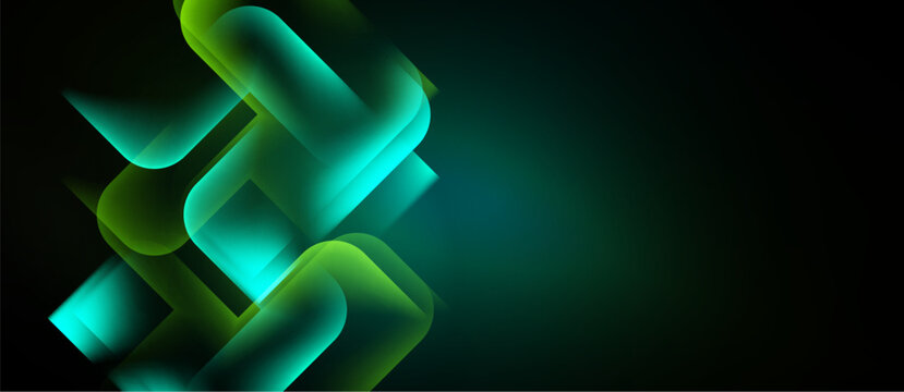 Abstract design features layered rounded rectangles. Teal, lime hues dominate dark background. Modern, minimalist aesthetic.