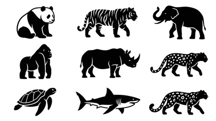 Obraz premium Wild animal silhouettes set featuring panda tiger elephant gorilla rhino and shark