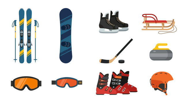 Set of winter sports equipment and accessories for skiing snowboarding and ice skating.