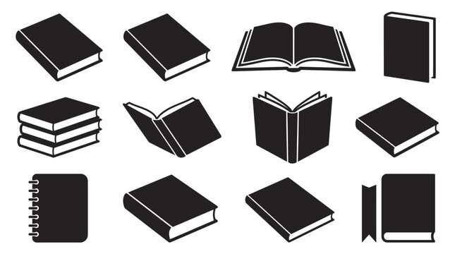Black book icons set with open and closed volumes in various angles and positions