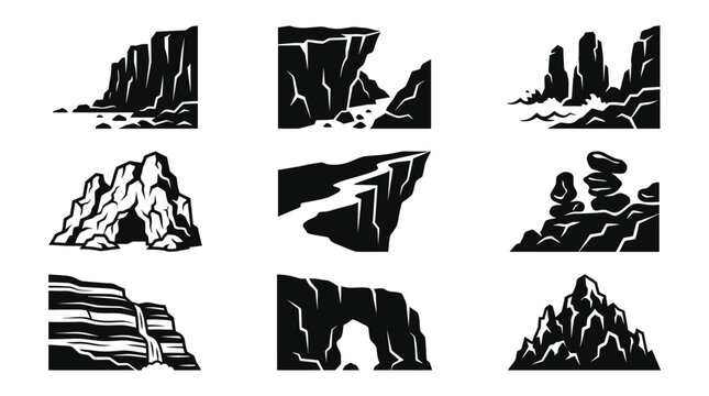 Rock icons set with black and white vector illustrations of cliffs and mountains
