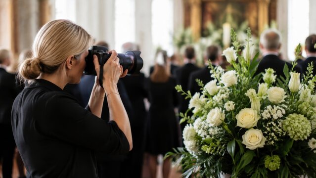 Female photographer capturing moments at a funeral service with attendees in formal black attire and a floral arrangement in the foreground