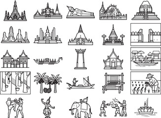 Fototapeta premium A collection of iconic Thai landmarks and cultural scenes depicted in a clean, minimalist line art style, offering a glimpse into the rich heritage and daily life of Thailand.