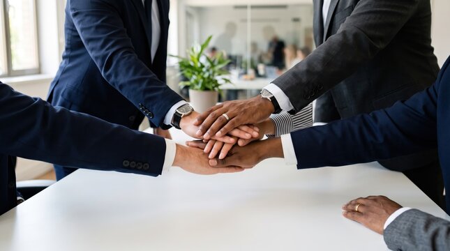 Diverse group of business people stacking hands together on white conference table in modern office, symbolizing unity, teamwork, and collective success, corporate team building