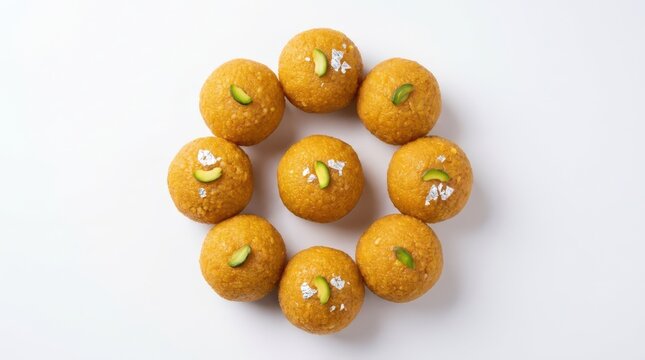 Top view of delicious indian sweet motichoor laddu arranged in a circle isolated on white background