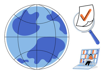 Earth globe with magnifying glass and student studying on laptop vector illustration. Distance learning, academic research, global education, digital library, information search, knowledge. World map © Dmytro