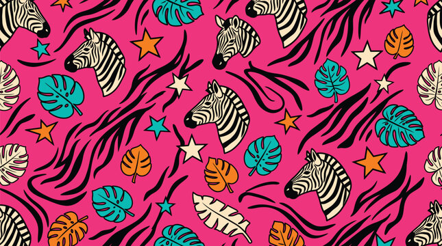 Zebra Tropical Pattern with Exotic Leaves and Stars for Fashion, Textiles, Wallpaper and Branding