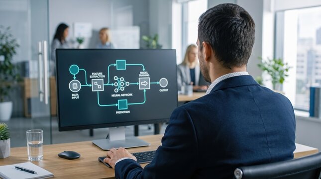 Professional man working on computer displaying neural network diagram and machine learning algorithm flowchart, artificial intelligence development workspace, data science