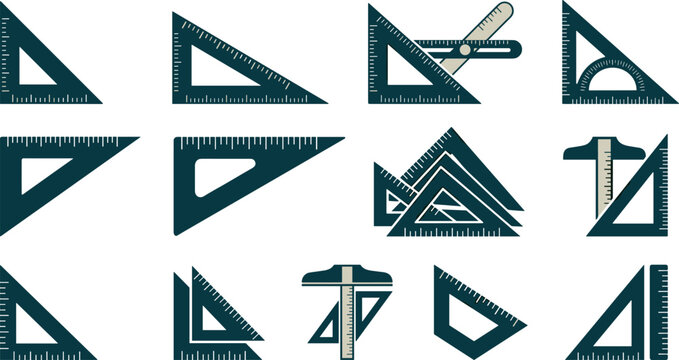 Set of various architectural and engineering drafting triangles and tsquares for technical drawing and geometric measurement