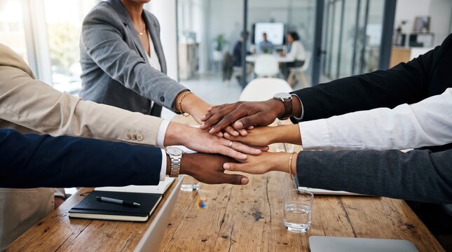 Diverse group of business people stacking hands together in unity gesture over conference table, teamwork collaboration success, multiethnic corporate team building activity