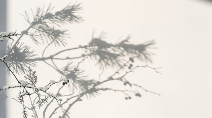 Fototapeta premium Minimalist snow covered pine branch with shadow on white wall