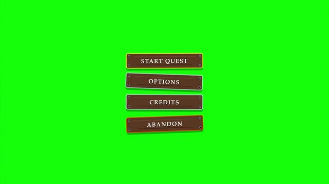 Fantasy rpg game menu wooden buttons 2d cartoon style green screen chroma key interface asset gaming ui design overlay elements
