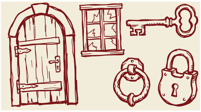 Vintage sketch elements of antique doors keys door knockers and heavy padlocks with wooden window skeleton key door knocker heavy padlock security elements hand drawn old hardware
